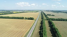 Photographie aérienne montrant des champs à perte de vue, séparés par des haies d'arbres. La route longe une de ces haies vers le centre de l'image. Au fond, un village agricole peut être observé, tandis que la route disparaît dans le fond de l'image. Les champs ont des couleurs allant du jaune au vert.