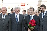 From left: Vittorio Brancati (mayor of Gorizia), Mirko Brulc (Mayor of Nova Gorica), Romano Prodi (member of the European Commission) and Dragan Valencic (mayor of Šempeter-Vrtojba); during the ceremony of the fall of the border (2004)