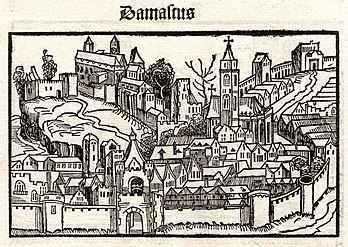 Vista de Damasco, xilografia de Michael Wolgemut publicada em Crônica de Nuremberg, impressa na rara edição pirateada de 1497 por Johann Schönsperger em Augsburgo, Alemanha (definição 4 928 × 3 493)