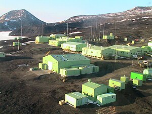 Aerial photograph of Scott Base, looking towards Observation Hill at left.