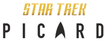 Over a white background the words "Star Trek" are written in yellow letters above the word "Picard" in black, with the 'A' in "Picard" replaced by the Starfleet logo.