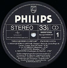 Description de l'image "Solo Quiero Caminar" by Paco de Lucia; Side 1 label of the Philips LP release.jpg.