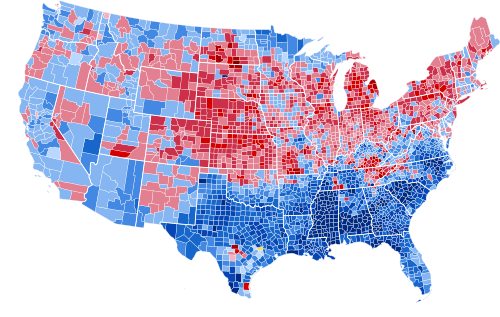 Results by county, shaded according to winning candidate's percentage of the vote