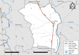 Carte en couleur présentant le réseau hydrographique de la commune