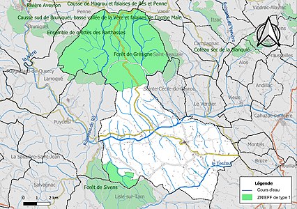 Carte des ZNIEFF de type 1 sur la commune.