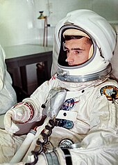 Roger Chaffee seated in his Apollo 1 spacesuit before a spacecraft test