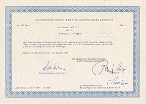 Share of the Bayerische Zugspitzbahn AG, issued August 1977