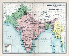 Карта проживания крупнейших религиозных групп в Британской Индии в 1909 году, ставшая основой для границ новых государств.