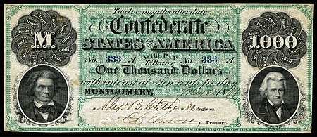 $1,000 Confederate States of America note from 1861, showing Calhoun and Jackson (set prepared by Godot13)