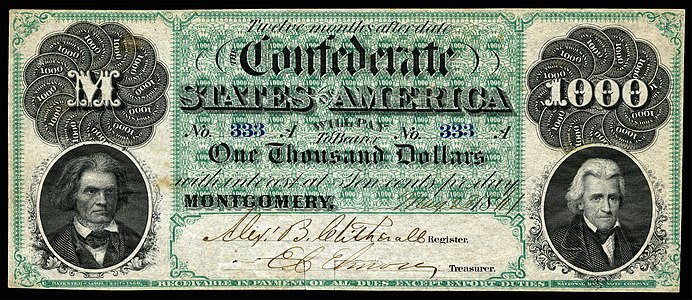 One-thousand Confederate States dollar (T1), by the National Bank Note Company