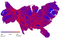 Presidential popular votes cartogram, in which the sizes of counties have been rescaled according to their population.