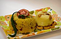 Chow chow bath, a common breakfast in Karnataka, consists of one serving of the spicy khara bat and another of a sweet kesari bath.