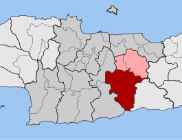 Localização da unidade municipal de Arcalochóri (vermelho) e do município de Minoa Pediada (vermelho e rosa) na unidade regional de Heraclião