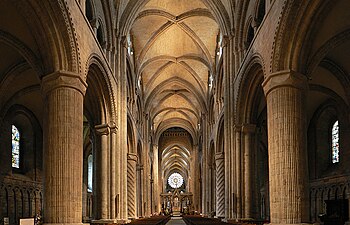 The nave of Durham Cathedral (1093-1133), the first to employ the rib vault.