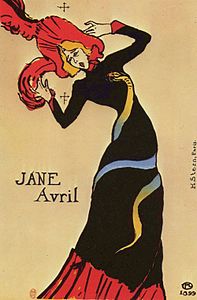 Henri de Toulouse-Lautrec, Jane Avril (affiche, 1899), lithographie d'après la photographie précédente de Paul Sescau.