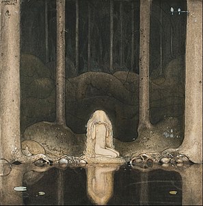 Princess Tuvstarr gazing down into the dark waters of the forest tarn at Among Gnomes and Trolls, by John Bauer