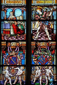 La chapelle d'Anjou : Gabrielle de Mareuil et ses deux filles présentées par l'archange Gabriel (baie no 8), en 2005.