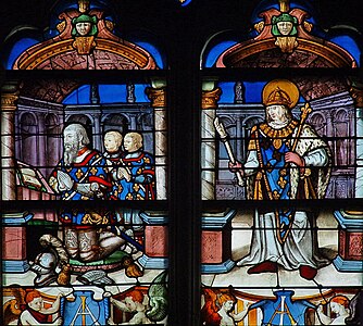 La chapelle d'Anjou : Louis d'Anjou-Mézières et ses deux fils présentés par saint Louis (baie no 4), en 2005.