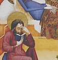 Seated apostle holding lenses in position for reading. Detail from Death of the Virgin, by the Master of Heiligenkreuz, ca. 1400–30 (Getty Center).