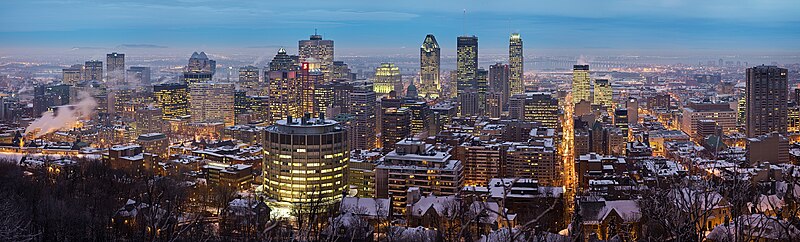 A panorama of the city, taken from the Chalet du Mont Royal at the top of Mount Royal in Montreal. It is a 3x5 segment panorama taken with a Canon 5D and 24-105mm f/4L IS at 105mm and f/8. Each exposure was around three seconds.