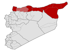   Território de facto reclamado pelo Rojava e controlado pelas Unidades de Proteção Popular   Território reivindicado pelo Rojava sob controle parcial das Unidades de Proteção Popular