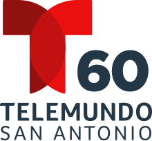 The Telemundo network logo, a T with two circular overlapping components. To the right and under the T, the number 60. Beneath it, in a sans serif, the word Telemundo, and on another line in red, the words San Antonio.