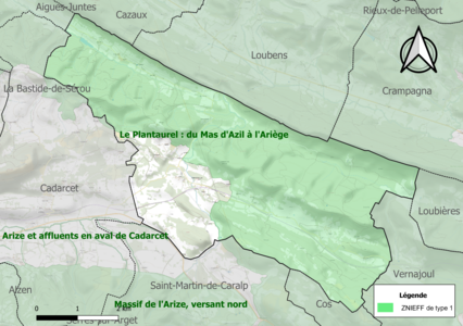 Carte des ZNIEFF de type 1 sur la commune.