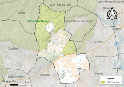 Carte de la ZNIEFF de type 2 sur la commune.