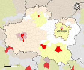 Localisation de l'aire d'attraction de Montargis dans le département du Loiret.