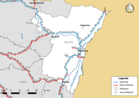 Carte du réseau routier national (autoroutes et routes nationales) dans le département du Bas-Rhin, au 1er janvier 2019