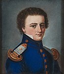 August Östergren iklädd uniform med epåletter för en underlöjtnant, 1824. Porträtt av Pehr Lindhberg.