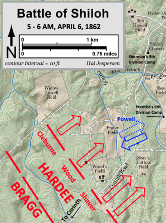 Map showing Union patrol finding large Confederate force at Fraley Field