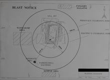 Map describing the clearance zones during blasting in a limestone quarry. These notices are produced by surveyors (see topography).