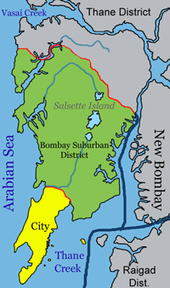 Mumbai é uma estreita península no sudoeste da Ilha Salsette, que se localiza entre o Mar Árabe ao este, Thane Creek ao leste, e Vasai Creek ao norte. O distrito suburbano de Mumbai ocupa a maior parte da ilha.