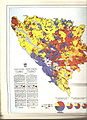 Stanovništvo BiH prema popisu iz 1910. rimokatolici - plava, muslimani - crvena, pravoslavci - žuta