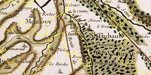 Extrait d'une carte de Cassini sur laquelle apparaissent Isle-Aumont, ses lieux-dits et ses alentours.