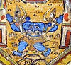 a blue monster without a head and with a big face on his chest. Two men holding swords seated on his two arms