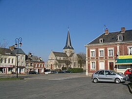 The town hall square and church in Saint-Laurent-en-Caux