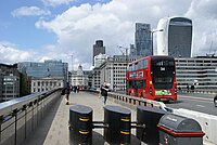 London Bridge with 2017 security barriers and the bulbous Walkie-Talkie building at right