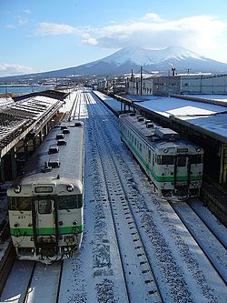 Mori Station with Mount Komagatake in the background