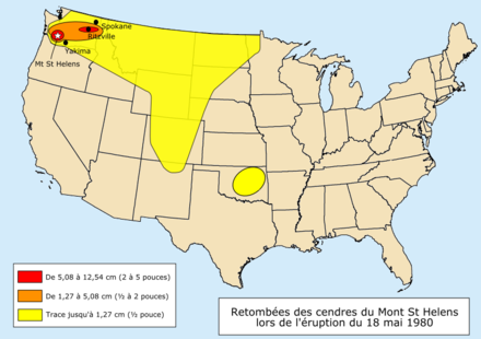 Carte des États-Unis de la distribution spatiale des cendres.