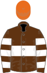 Brown, white hoop, hooped sleeves, orange cap