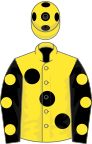 Yellow, large black spots, black sleeves, yellow spots, yellow cap, black spots