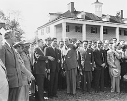 Secretary of State Marshall pointing out landmarks at Mount Vernon to Mexican President Miguel Aleman. April 1947.