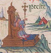 Image of Prester John, enthroned, in a map of East Africa in Queen Mary's Atlas, Diogo Homem, 1558.