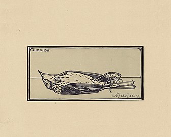 Oiseau mort (gravure sur bois, 1917)