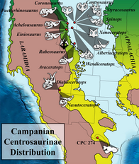 Map showing dinosaur skulls distributed across western North America