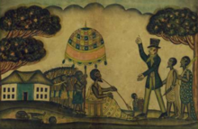 Drawing of a village with three fruit trees and a large house. A white slave trader, accompanied by two black slaves, raises an accusing finger at a caboceer smoking a long pipe under a parasol. The parasol is held by a slave. Underneath lies a decapitated slave.