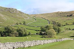 Stenmurade söderläge fält i Yorkshire Dales