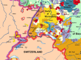 In particular, the states involved in late 1796 included, for example, the Breisgau (Habsburg), Offenburg and Rottweil (imperial cities), the princely states of Fürstenberg, Neuenburg, and Hohenzollern, the Duke of Baden, the Duchy of Württemberg, and several dozen ecclesiastic polities. Many of these territories were not contiguous: a village could belong predominantly to one polity, but have a farmstead, a house, or even one or two strips of land that belonged to another polity. The light cream-colored territories are so subdivided they cannot be named.